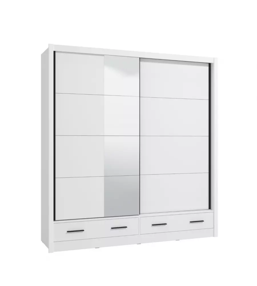 Armadio scorrevole "Alba" con specchio e cassetti bianco 205x60x215 cm