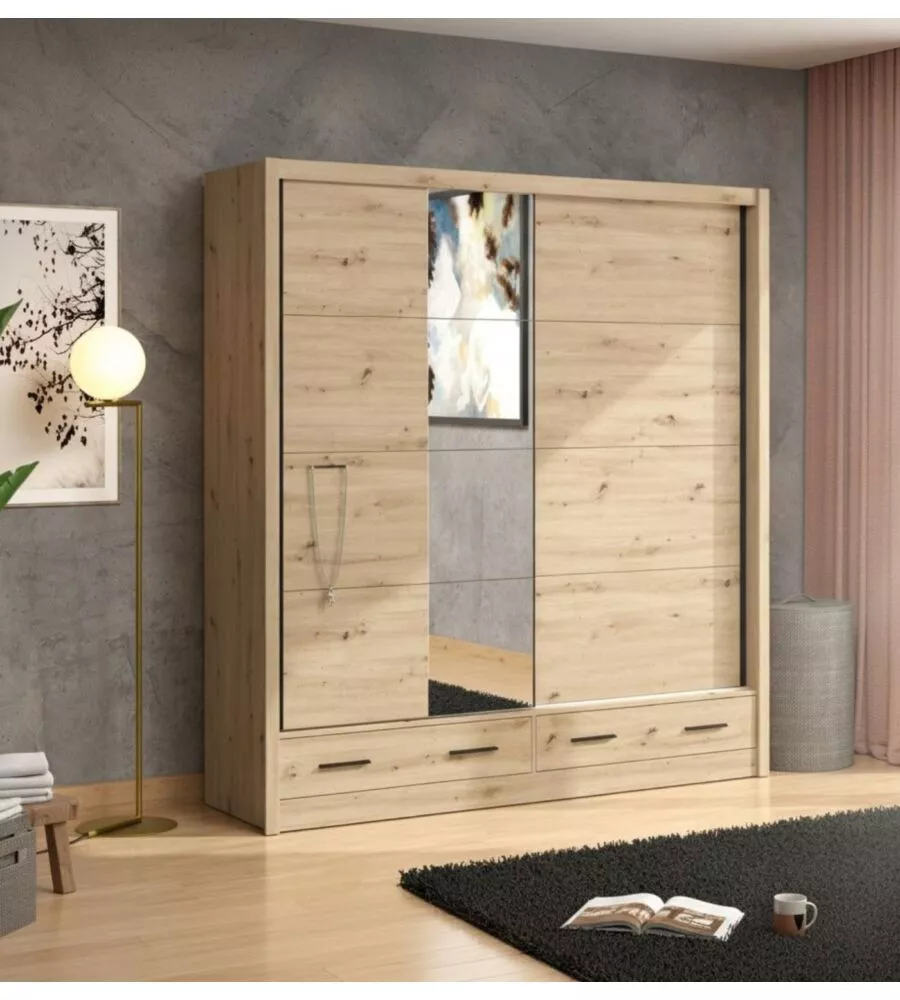 Armadio scorrevole "Alba" con specchio e cassetti rovere 205x60x215 cm