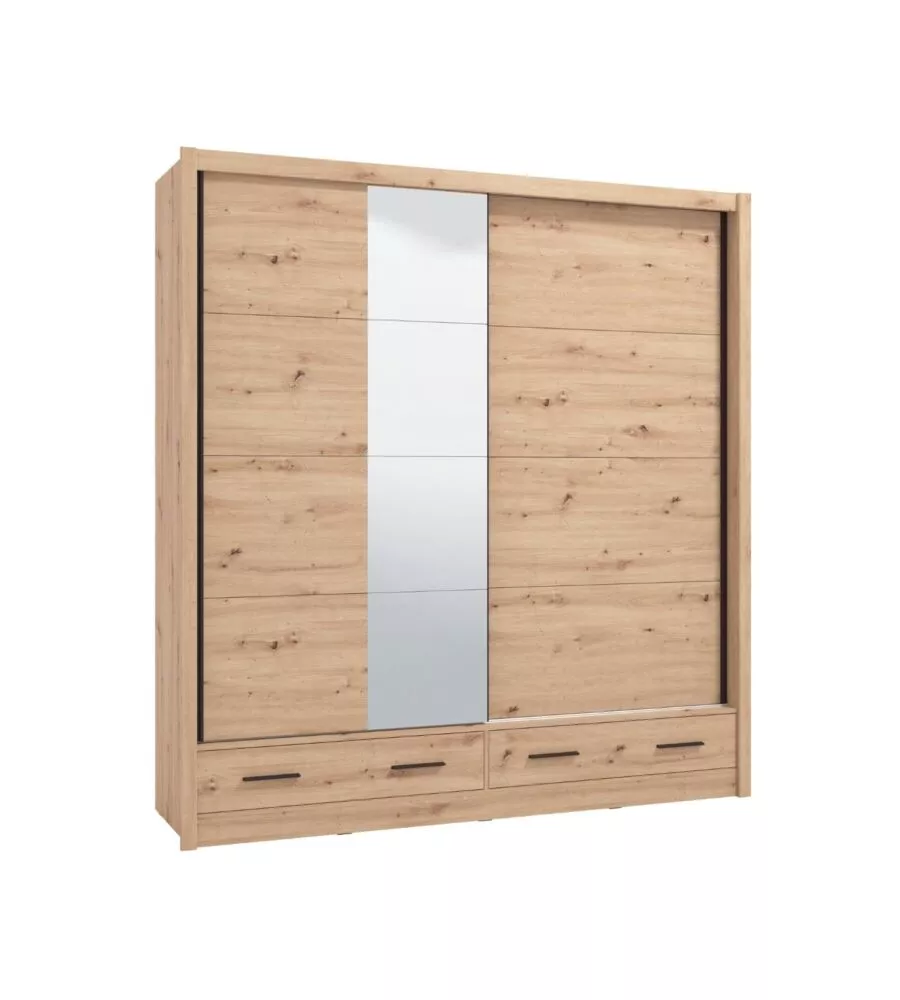 Armadio scorrevole "Alba" con specchio e cassetti rovere 205x60x215 cm
