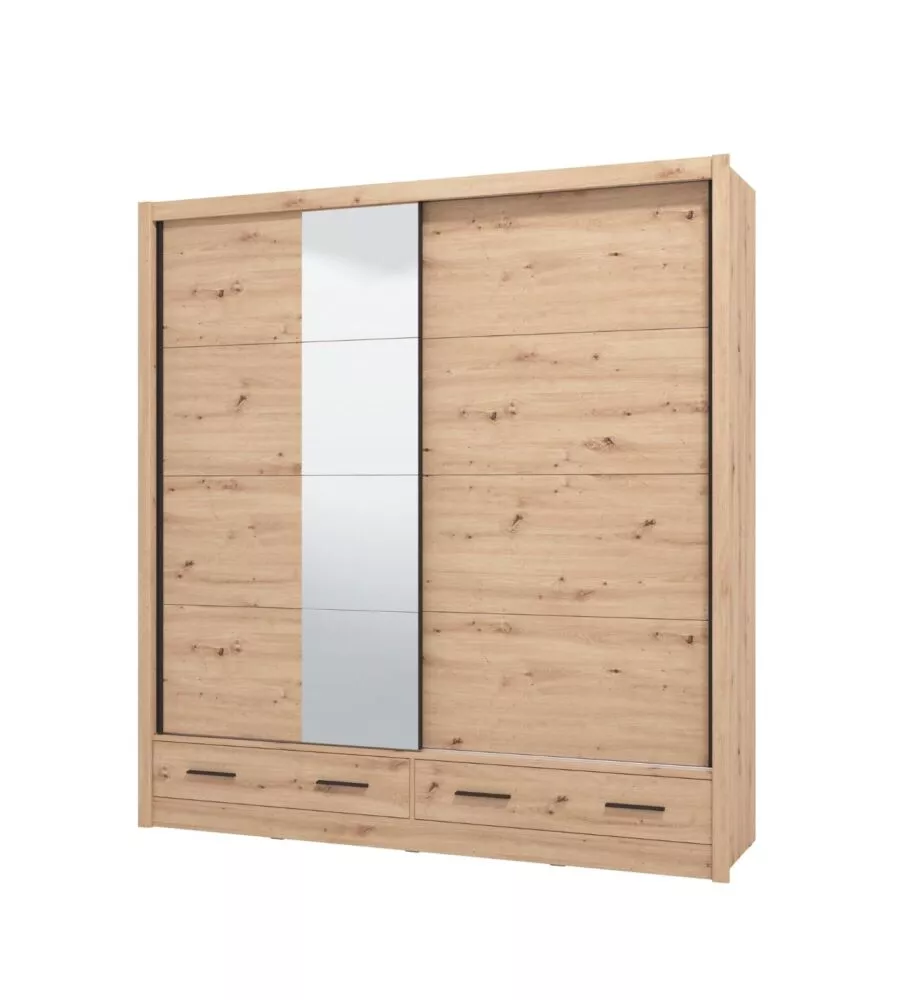 Armadio scorrevole "Alba" con specchio e cassetti rovere 205x60x215 cm