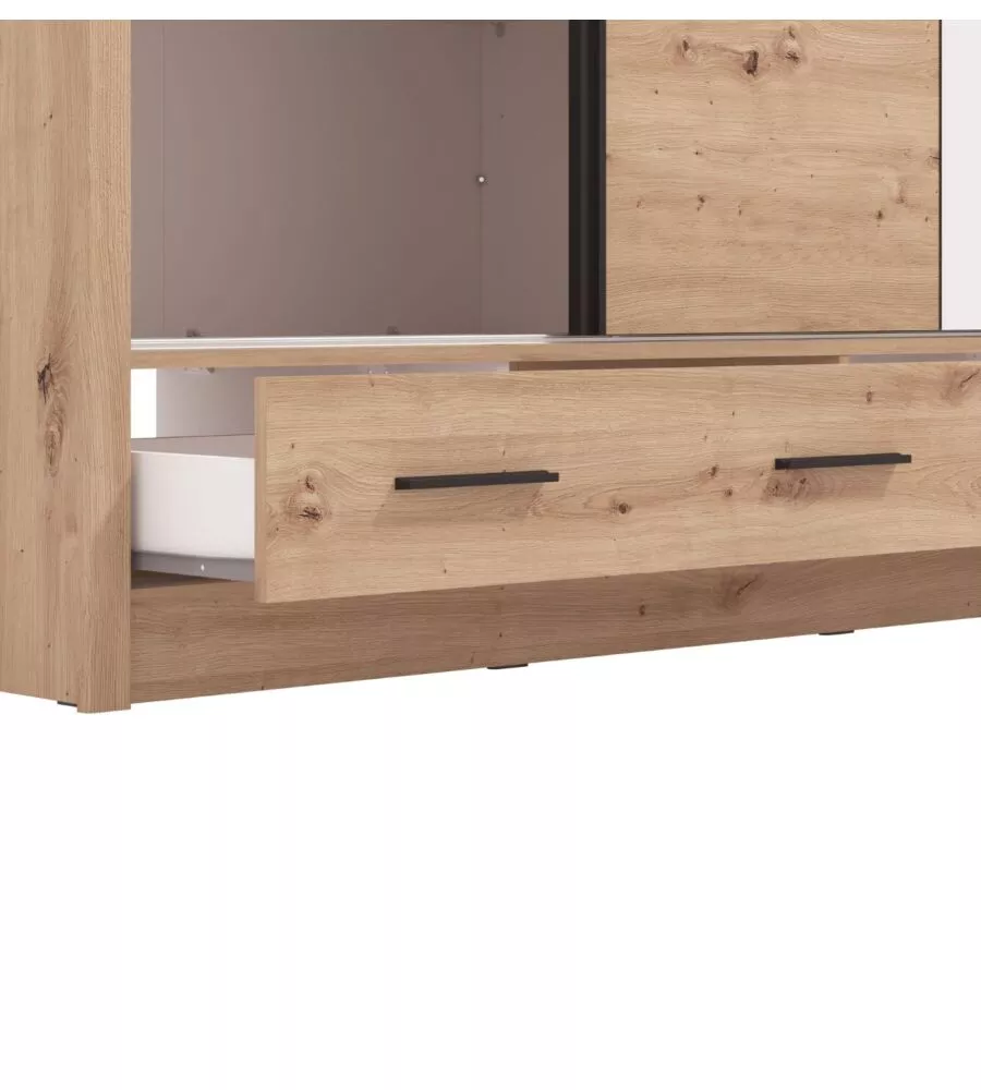 Armadio scorrevole "Alba" con specchio e cassetti rovere 205x60x215 cm