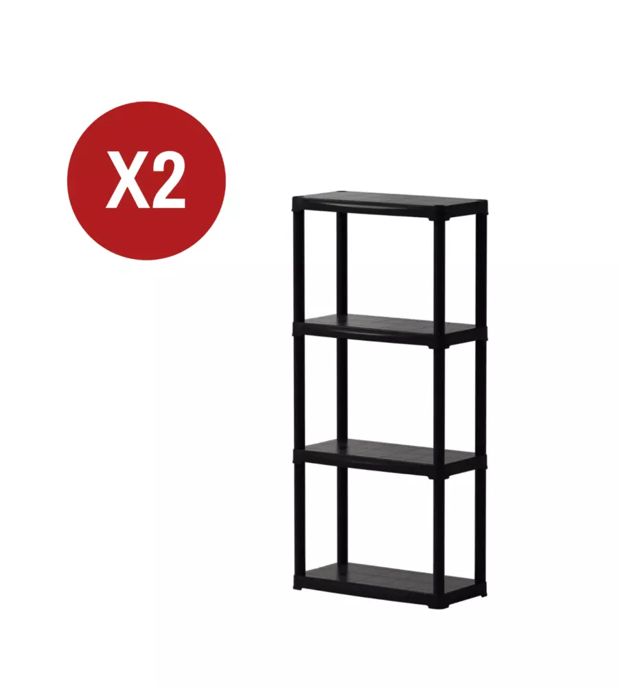 2 pezzi scaffale 4 ripiani in polipropilene Artplast "Tempo" nero portata 10 kg 60x30x142 cm