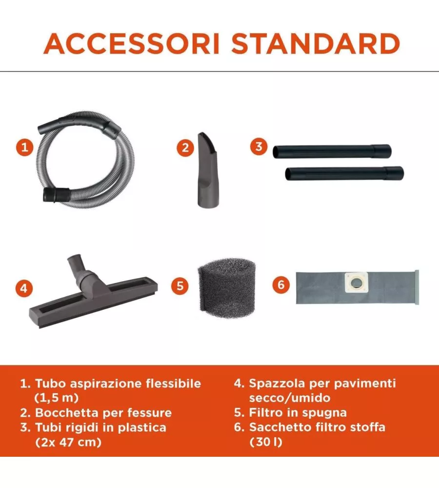 Aspiratore solidi liquidi elettrico Black&Decker "BXVC30XDE" 1600w 30lt 37l/s
