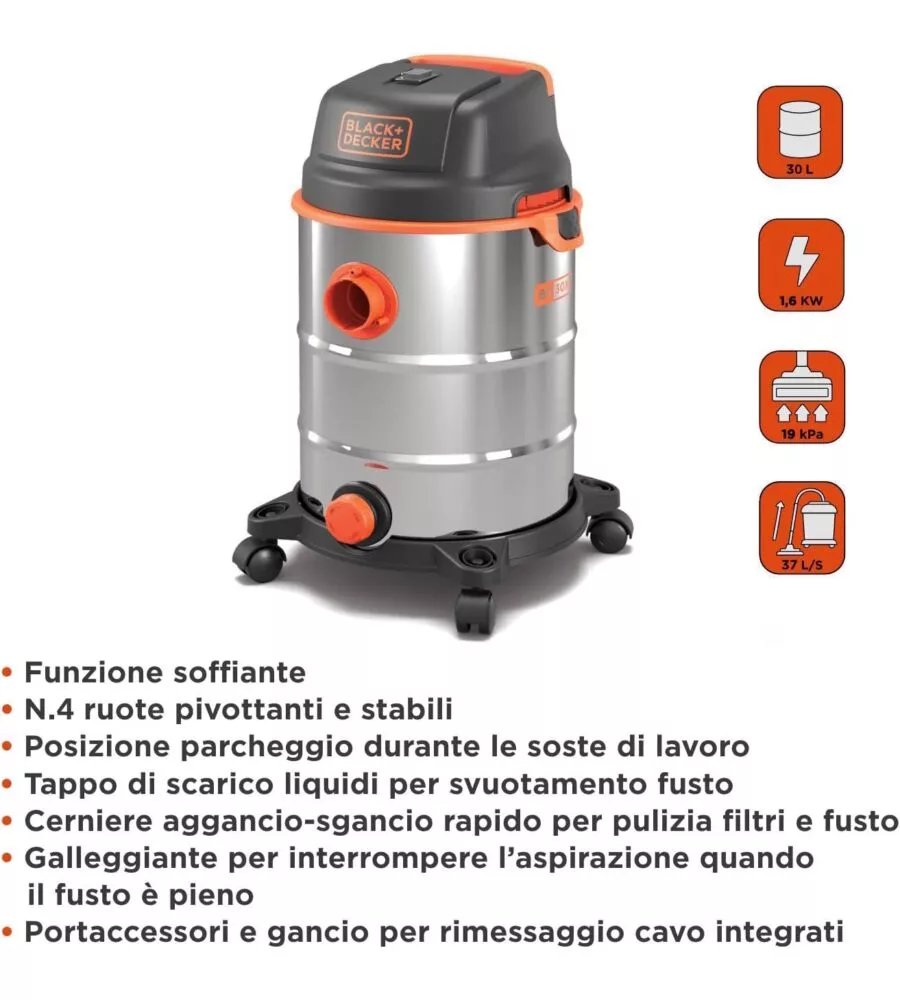Aspiratore solidi liquidi elettrico Black&Decker "BXVC30XDE" 1600w 30lt 37l/s
