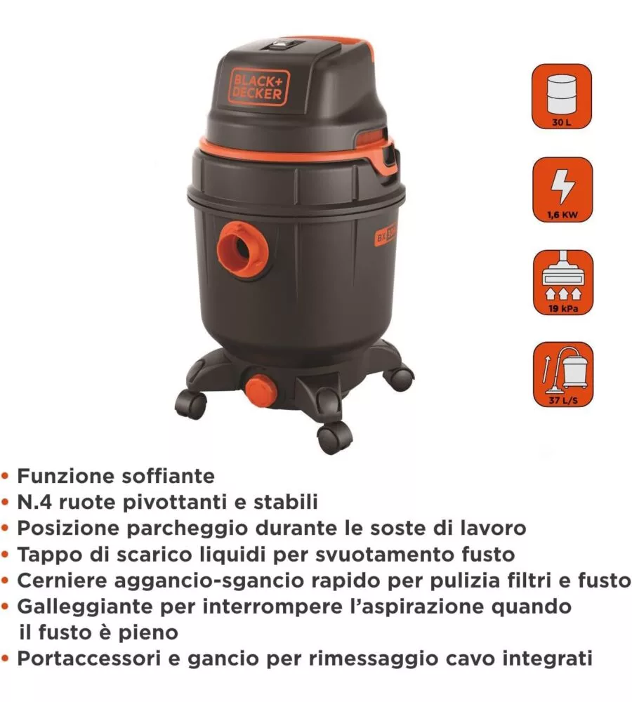 Aspiratore solidi liquidi elettrico Black&Decker "BXVC30XPE" 1600w 30lt 37l/s