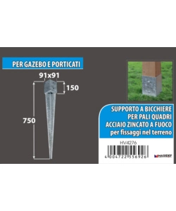 PORTAPALI ANCORAGGIO A PUNTA PER PALI A SEZIONE QUADRATA 91 X 91 X 150 X 750 MM