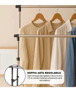 STENDER APPENDIABITI DOPPIO ESTENSIBILE BELLAHOME CON RUOTE IN METALLO BIANCO 45X90X104/170 CM