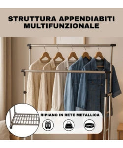 STENDER APPENDIABITI DOPPIO ESTENSIBILE BELLAHOME CON RUOTE IN METALLO BIANCO 45X90X104/170 CM