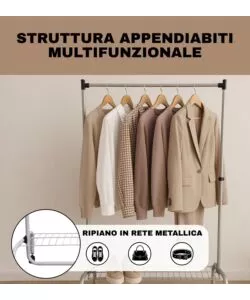 STENDER APPENDIABITI SINGOLO ESTENSIBILE BELLAHOME CON RUOTE IN METALLO BIANCO 90X45X102/172 CM