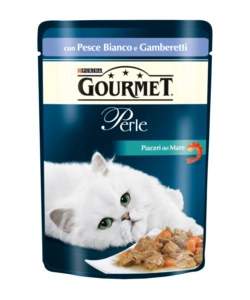 GOURMET PERLE - PIACERI DEL MARE CON PESCE DELL'OCEANO E GAMBERETTI, ALIMENTO UMIDO PER GATTO.