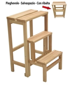 SGABELLO SCALA CON 3 GRADINI A RIBALTA RICHIUDIBILE IN LEGNO, 37X23X60 CM