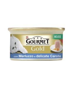 GOURMET GOLD , ALIMENTO UMIDO PER GATTO, MOUSSE CON MERLUZZO E DELICATE CAROTE.