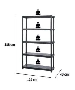 SCAFFALE 5 RIPIANI IN POLIPROPILENE "TITANO" NERO 120X40X188 CM