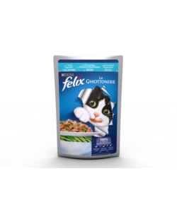 FELIX LE GHIOTTONERIE, ALIMENTO UMIDO PER GATTO CON TROTA E FAGIOLINI IN GELATINA.