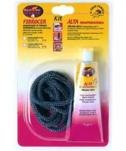 GUARNIZIONE IN FIBRA DI VETRO BEST FIRE "KIT FIBROVET" CON CORDA 1,6 MT, DIAMETRO 8 MM E TUBETTO SILICONE NERO DA 75 GR
