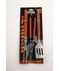 SET 3 PEZZI PER BARBECUE IN ACCIAIO E MANICO IN LEGNO