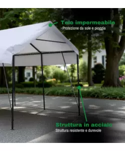 TETTOIA AUTO SINGOLA EUROGARDEN "ERCOLE" IN ACCIAIO E TESSUTO BIANCO 270X490X270 CM