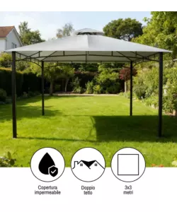 GAZEBO DA GIARDINO CON DOPPIO TETTO EUROGARDEN "DELUXE" IN ACCIAIO ECRÙ 3X3 M