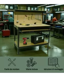 BANCO DA LAVORO EASY SYSTEM CON PANNELLO PREFORATO IN METALLO E MDF 119X59X90/150 CM