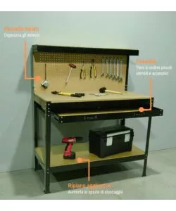 BANCO DA LAVORO EASY SYSTEM CON PANNELLO PREFORATO IN METALLO E MDF 119X59X90/150 CM