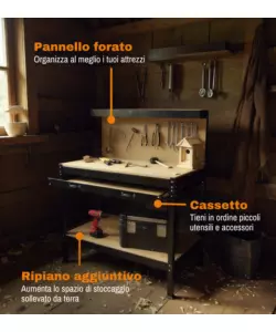 BANCO DA LAVORO EASY SYSTEM CON PANNELLO PREFORATO IN METALLO E MDF 119X59X90/150 CM