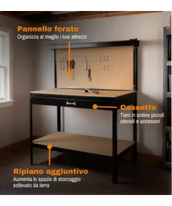 BANCO DA LAVORO EASY SYSTEM CON PANNELLO PREFORATO IN METALLO E MDF 119X59X90/150 CM