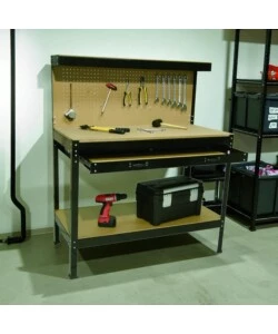 BANCO DA LAVORO EASY SYSTEM CON PANNELLO PREFORATO IN METALLO E MDF 119X59X90/150 CM