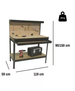 BANCO DA LAVORO EASY SYSTEM CON PANNELLO PREFORATO IN METALLO E MDF 119X59X90/150 CM