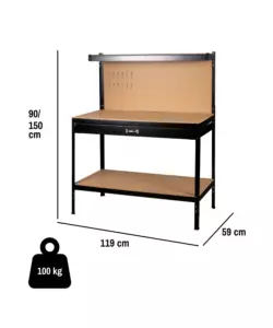 BANCO DA LAVORO EASY SYSTEM CON PANNELLO PREFORATO IN METALLO E MDF 119X59X90/150 CM