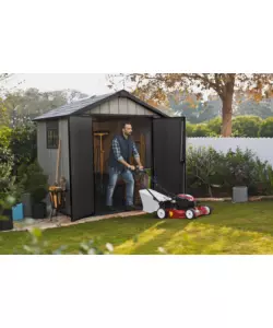 CASETTA DA GIARDINO KETER "OAKLAND 757" IN DUOTECH COLORE GRIGIO CON PORTA BATTENTE DOPPIA 229X223,5X242 CM