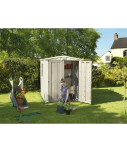 CASETTA DA GIARDINO KETER "FACTOR 6x6" IN RESINA COLORE BEIGE CON PORTA BATTENTE DOPPIA 178X195,5X208 CM