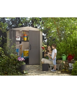 CASETTA DA GIARDINO KETER "FACTOR 6x6" IN RESINA COLORE BEIGE CON PORTA BATTENTE DOPPIA 178X195,5X208 CM