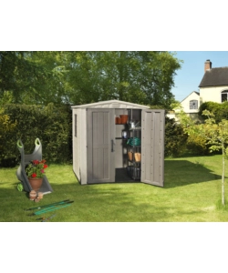 CASETTA DA GIARDINO KETER "FACTOR 6x6" IN RESINA COLORE BEIGE CON PORTA BATTENTE DOPPIA 178X195,5X208 CM