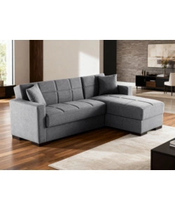 DIVANO LETTO "MERLIN" IN TESSUTO GRIGIO CON CASSETTONE E PENISOLA REVERSIBILE 225X150X81 CM