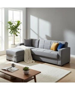 DIVANO LETTO "MERLIN" IN TESSUTO GRIGIO CON CASSETTONE E PENISOLA REVERSIBILE 225X150X81 CM