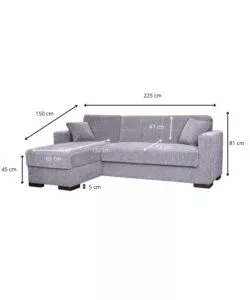 DIVANO LETTO "MERLIN" IN TESSUTO GRIGIO CON CASSETTONE E PENISOLA REVERSIBILE, 225X150X81 CM