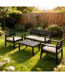 SET DA GIARDINO "JAVA" IN POLIPROPILENE CON CUSCINI ANTRACITE 4 SEDUTE E TAVOLINO