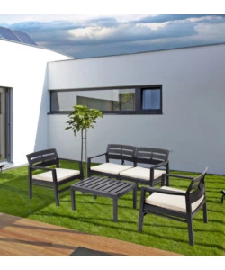 SET DA GIARDINO "JAVA" IN POLIPROPILENE CON CUSCINI ANTRACITE 4 SEDUTE E TAVOLINO