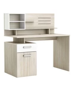 SCRIVANIA CON SOPRALZO BIANCO E QUERCIA, 121X58X119 CM