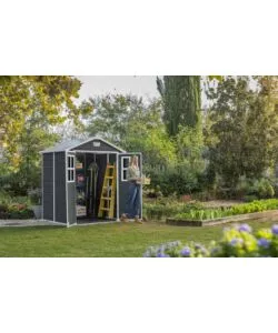 CASETTA DA GIARDINO KETER "MANOR 6x5" IN RESINA COLORE GRIGIO CON PORTA BATTENTE DOPPIA 185X152X226 CM