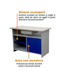 BANCO DA LAVORO EASY SYSTEM CON RIPIANI E ANTA, 120x60x84 CM