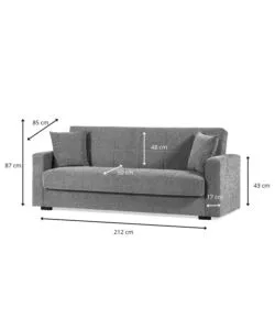 DIVANO LETTO "NORA" 3 POSTI IN TESSUTO COLORE GRIGIO, 212X80X87 CM