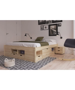 LETTO MATRIMONIALE IN LEGNO CON CONTENITORI E COMODINI ESTRAIBILI 166X209X47,5 CM