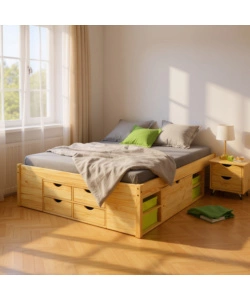 LETTO MATRIMONIALE IN LEGNO CON CONTENITORI E COMODINI ESTRAIBILI 166X209X47,5 CM
