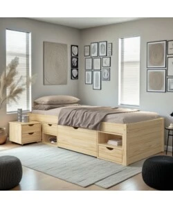 LETTO SINGOLO CON CONTENITORI E COMODINO ESTRAIBILE IN PINO MASSELLO 96X47.5X2.09 CM