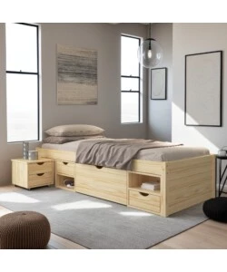 LETTO SINGOLO CON CONTENITORI E COMODINO ESTRAIBILE IN PINO MASSELLO 96X47.5X2.09 CM
