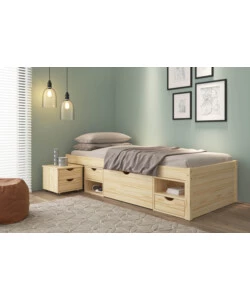 LETTO SINGOLO CON CONTENITORI E COMODINO ESTRAIBILE IN PINO MASSELLO 96X47.5X2.09 CM
