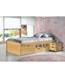 LETTO SINGOLO CON CONTENITORI E COMODINO ESTRAIBILE IN PINO MASSELLO 96X47.5X2.09 CM