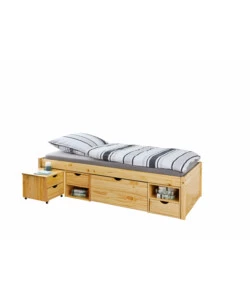 LETTO SINGOLO CON CONTENITORI E COMODINO ESTRAIBILE IN PINO MASSELLO 96X47.5X2.09 CM