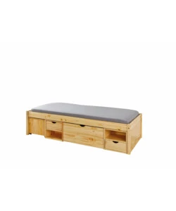 LETTO SINGOLO CON CONTENITORI E COMODINO ESTRAIBILE IN PINO MASSELLO 96X47.5X2.09 CM